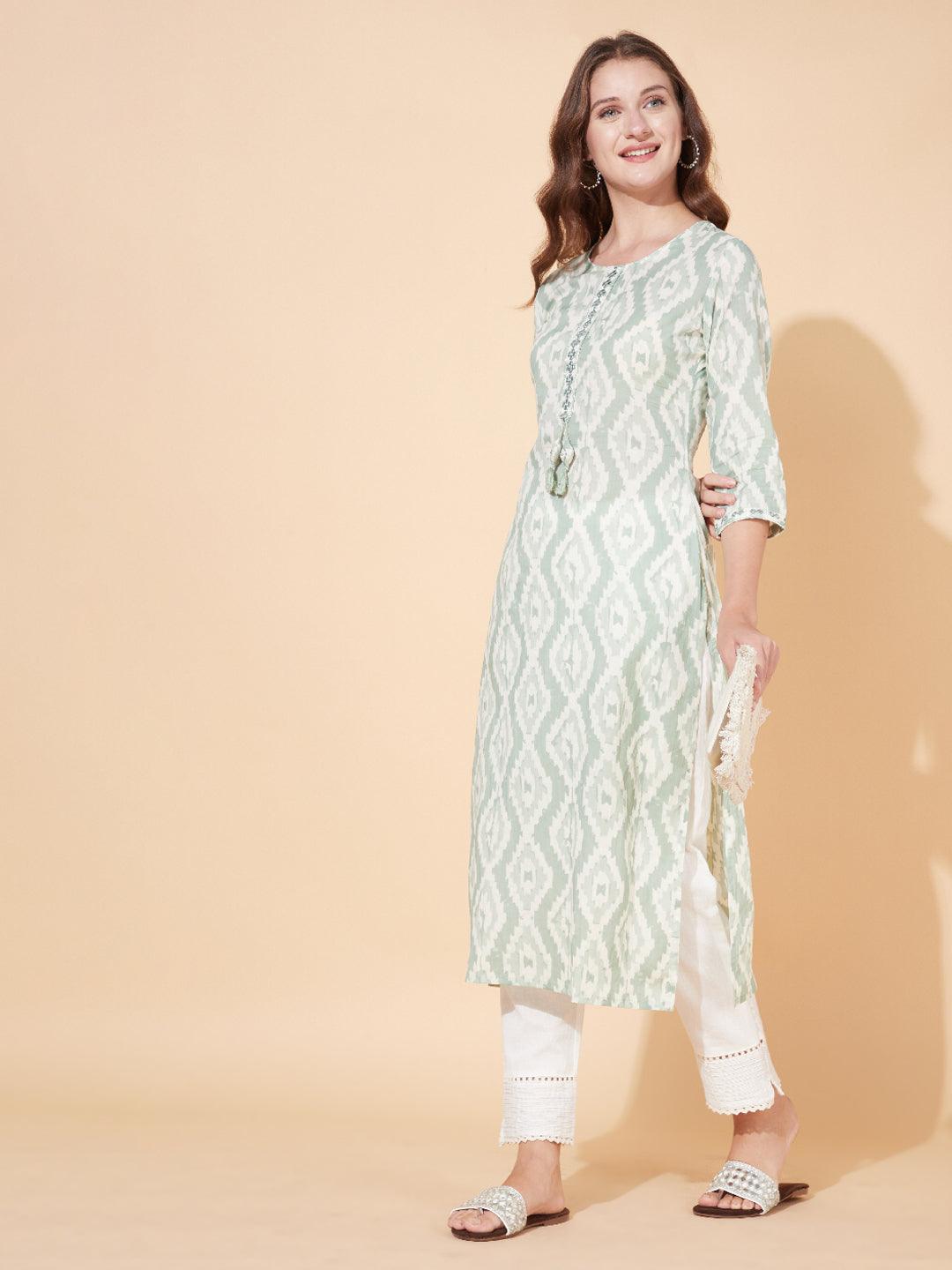 Ethnic Printed & Embroidered Straight Fit Kurta - Pastel Green - Indiakreations