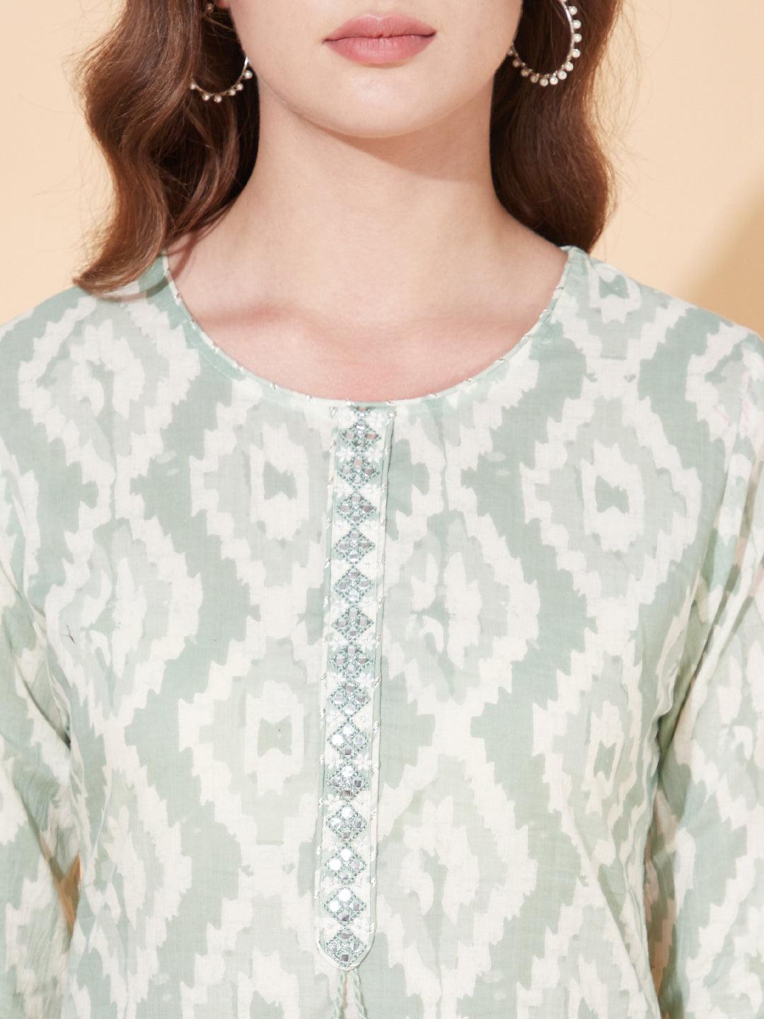 Ethnic Printed & Embroidered Straight Fit Kurta - Pastel Green - Indiakreations