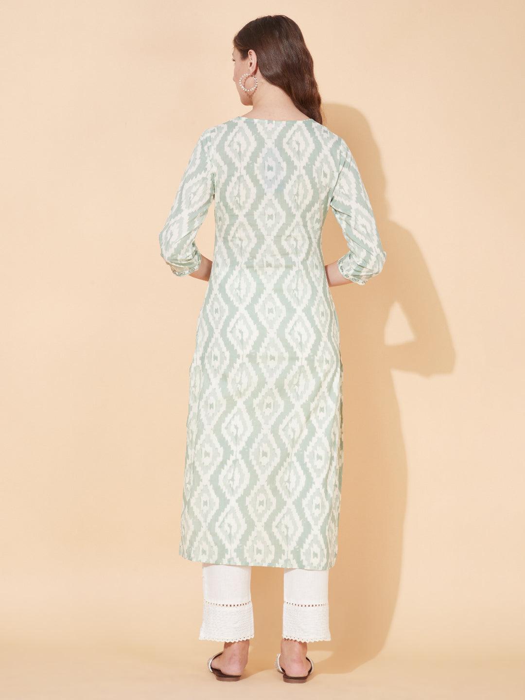 Ethnic Printed & Embroidered Straight Fit Kurta - Pastel Green - Indiakreations