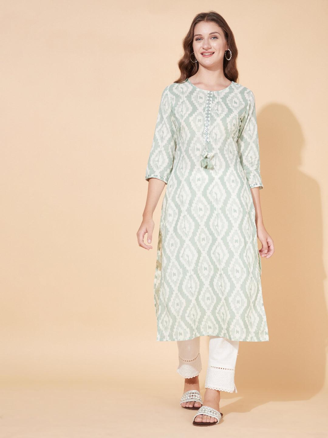 Ethnic Printed & Embroidered Straight Fit Kurta - Pastel Green - Indiakreations