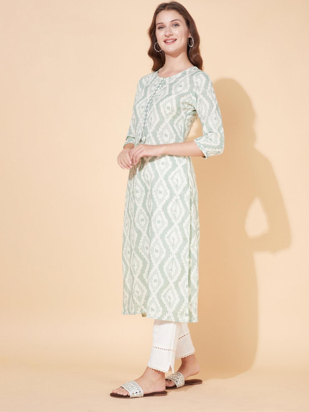 Ethnic Printed & Embroidered Straight Fit Kurta - Pastel Green - Indiakreations