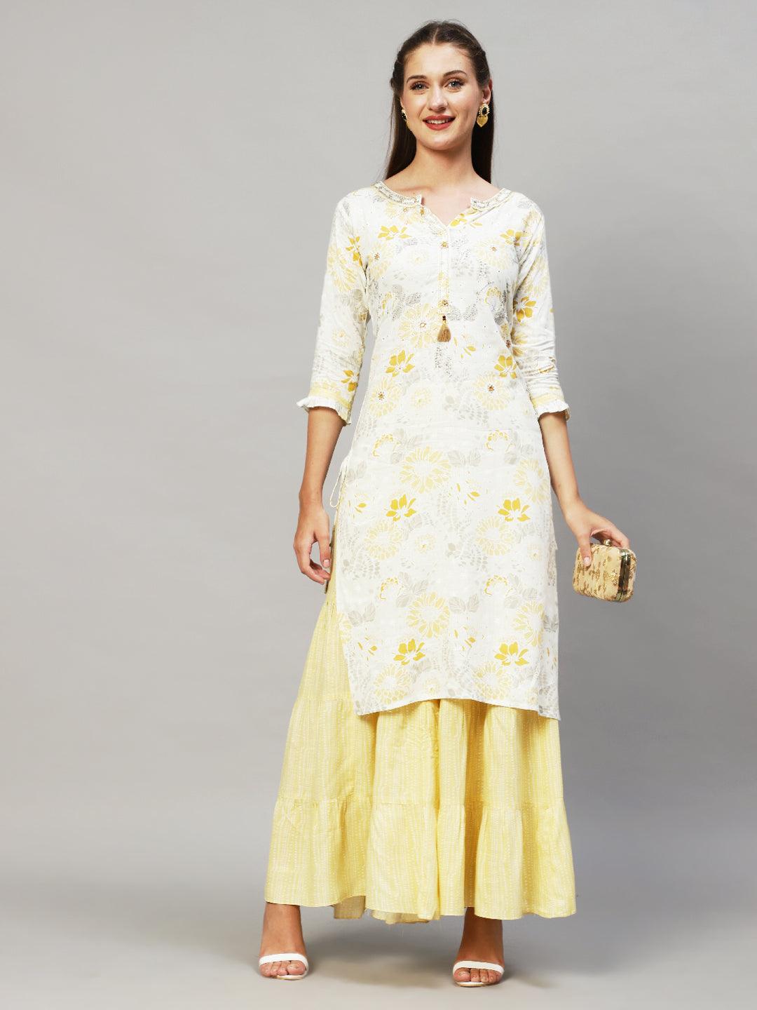 Floral Printed & Hand Embroidered Straight Fit Kurta with Sharara - Off White - Indiakreations