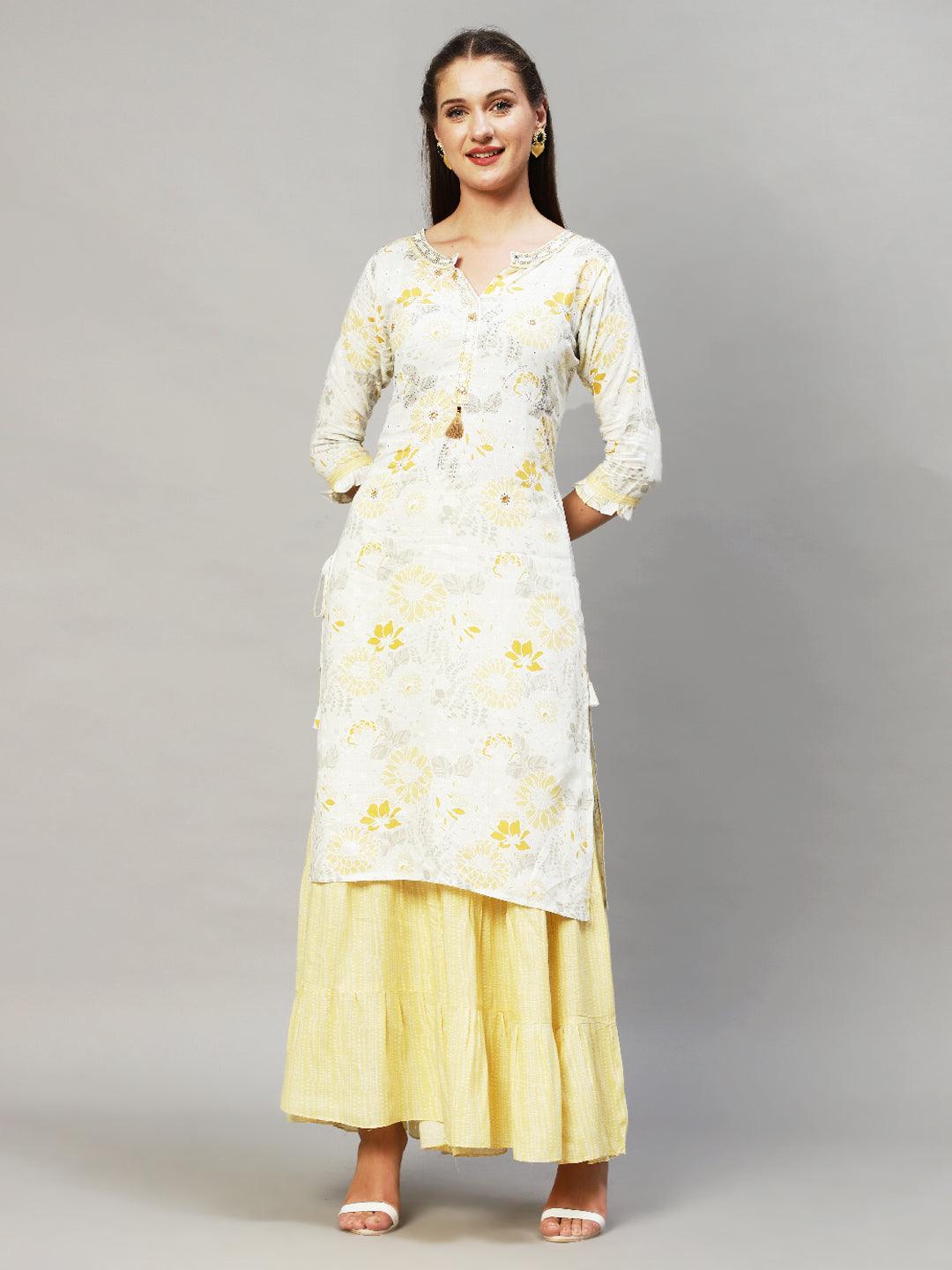 Floral Printed & Hand Embroidered Straight Fit Kurta with Sharara - Off White - Indiakreations