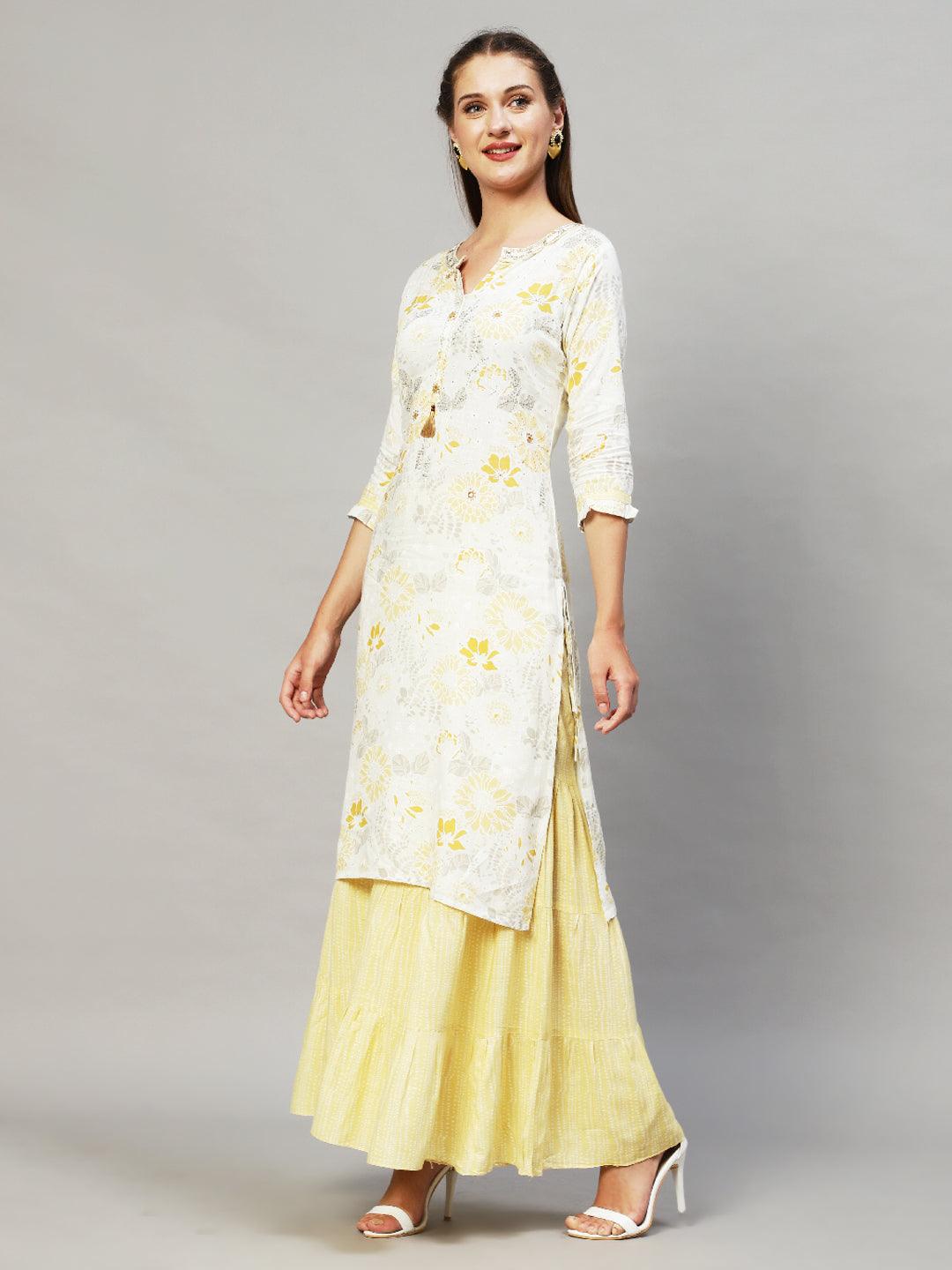 Floral Printed & Hand Embroidered Straight Fit Kurta with Sharara - Off White - Indiakreations