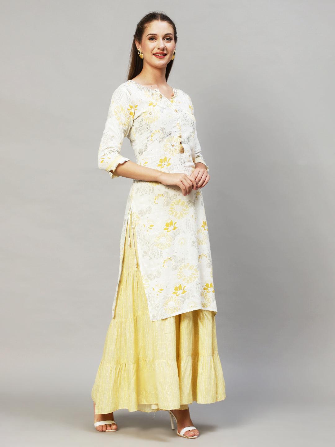 Floral Printed & Hand Embroidered Straight Fit Kurta with Sharara - Off White - Indiakreations