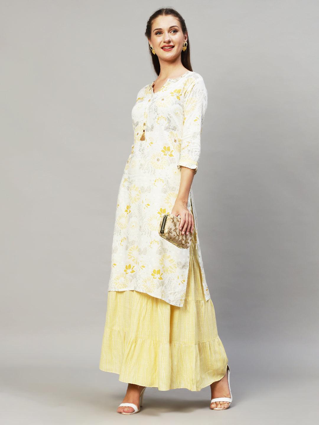 Floral Printed & Hand Embroidered Straight Fit Kurta with Sharara - Off White - Indiakreations