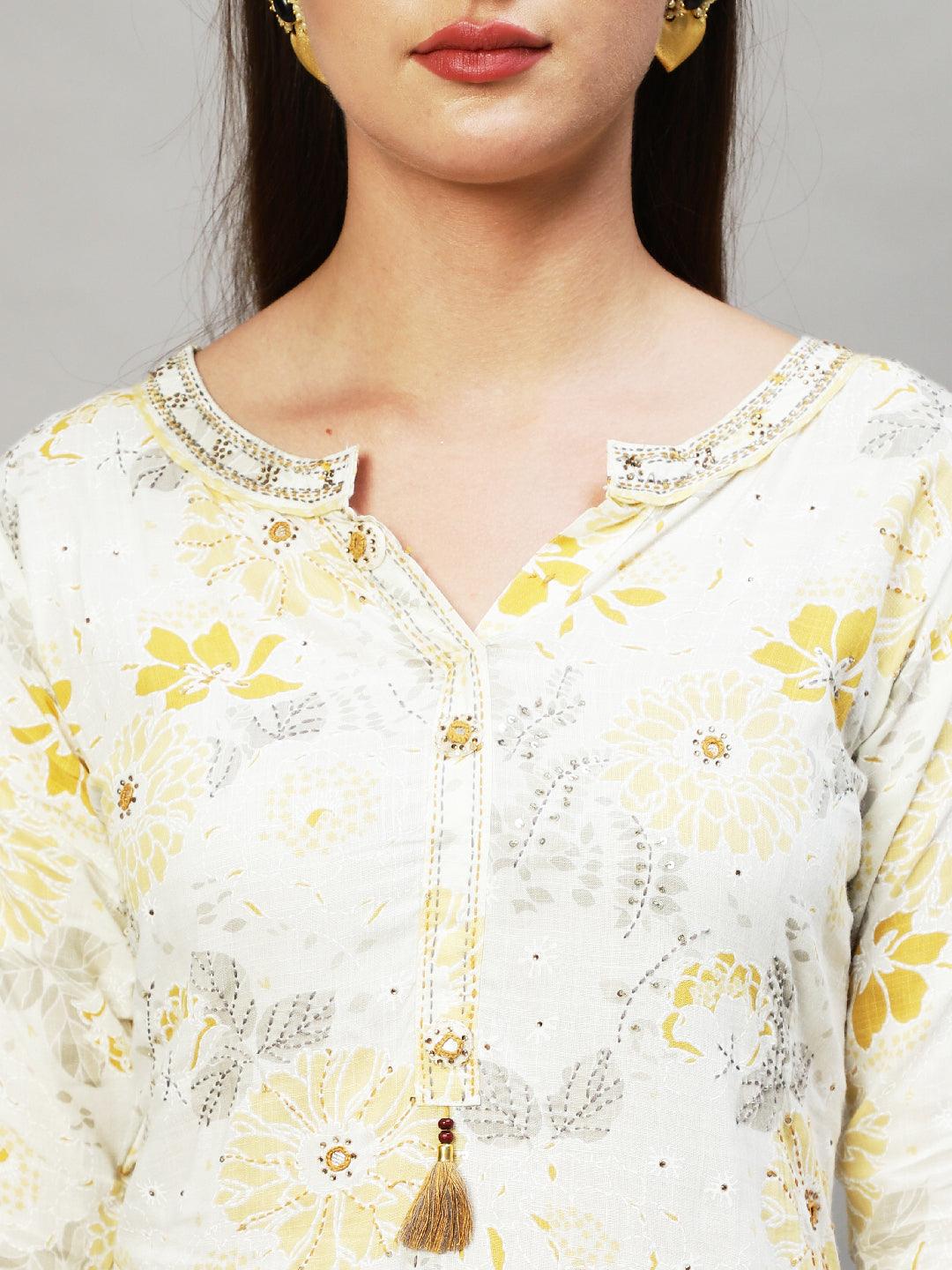 Floral Printed & Hand Embroidered Straight Fit Kurta with Sharara - Off White - Indiakreations