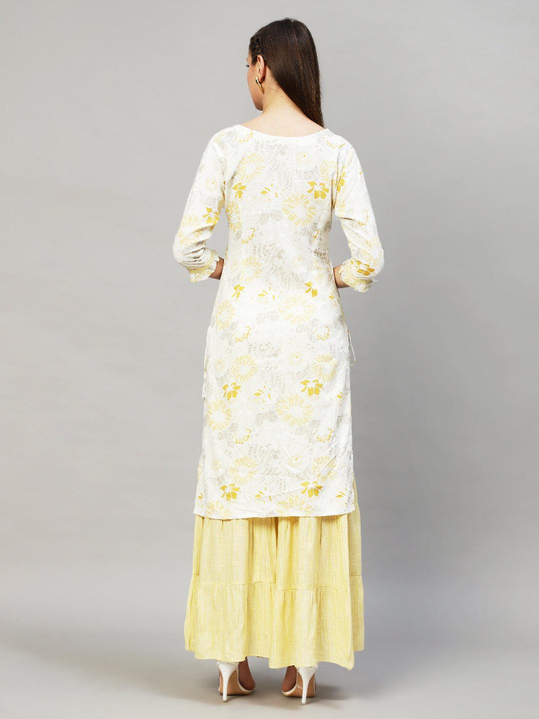 Floral Printed & Hand Embroidered Straight Fit Kurta with Sharara - Off White - Indiakreations