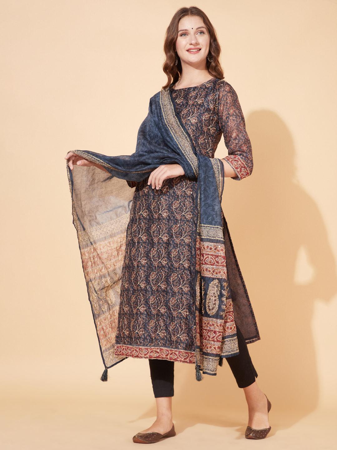 Floral Printed & Hand Embroidered Straight Kurta with Dupatta - Stone Gray - Indiakreations