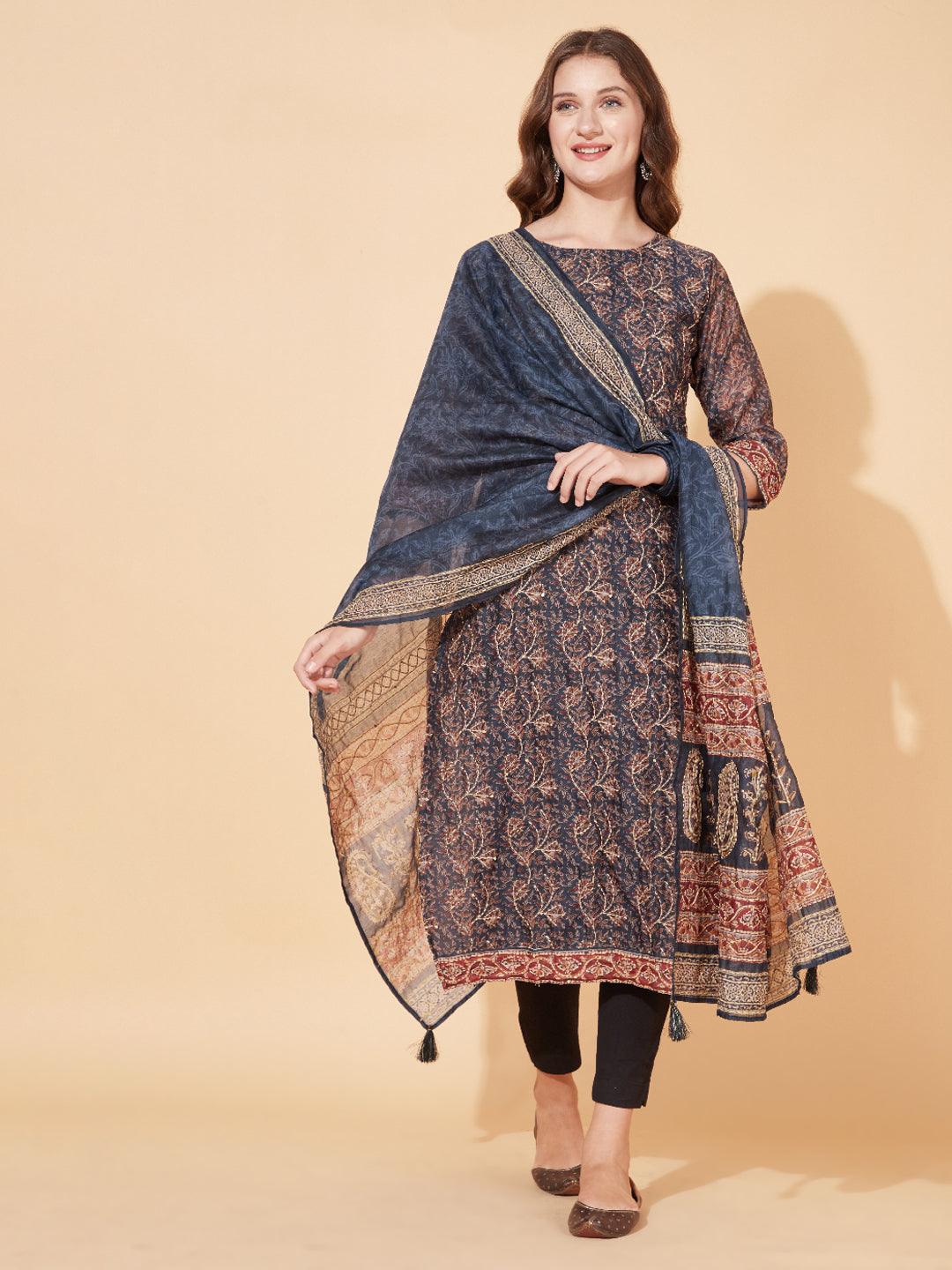 Floral Printed & Hand Embroidered Straight Kurta with Dupatta - Stone Gray - Indiakreations