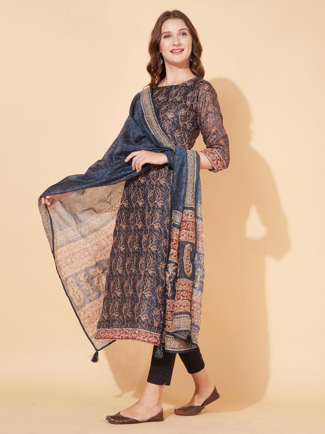 Floral Printed & Hand Embroidered Straight Kurta with Dupatta - Stone Gray - Indiakreations