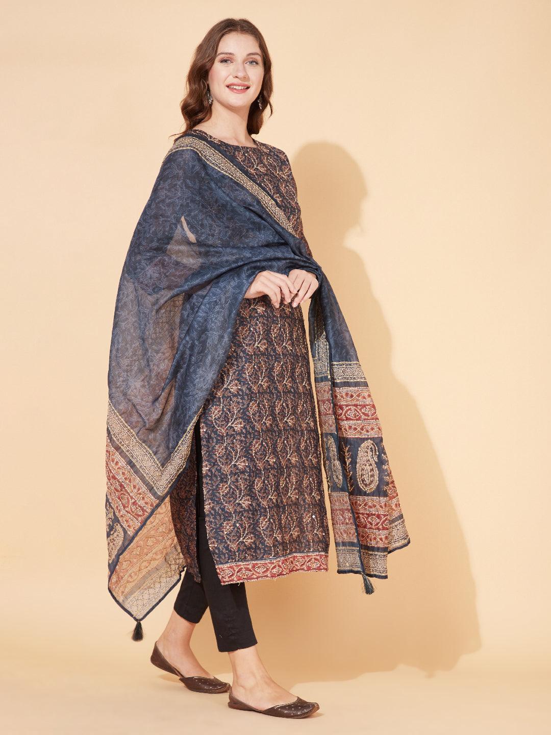 Floral Printed & Hand Embroidered Straight Kurta with Dupatta - Stone Gray - Indiakreations