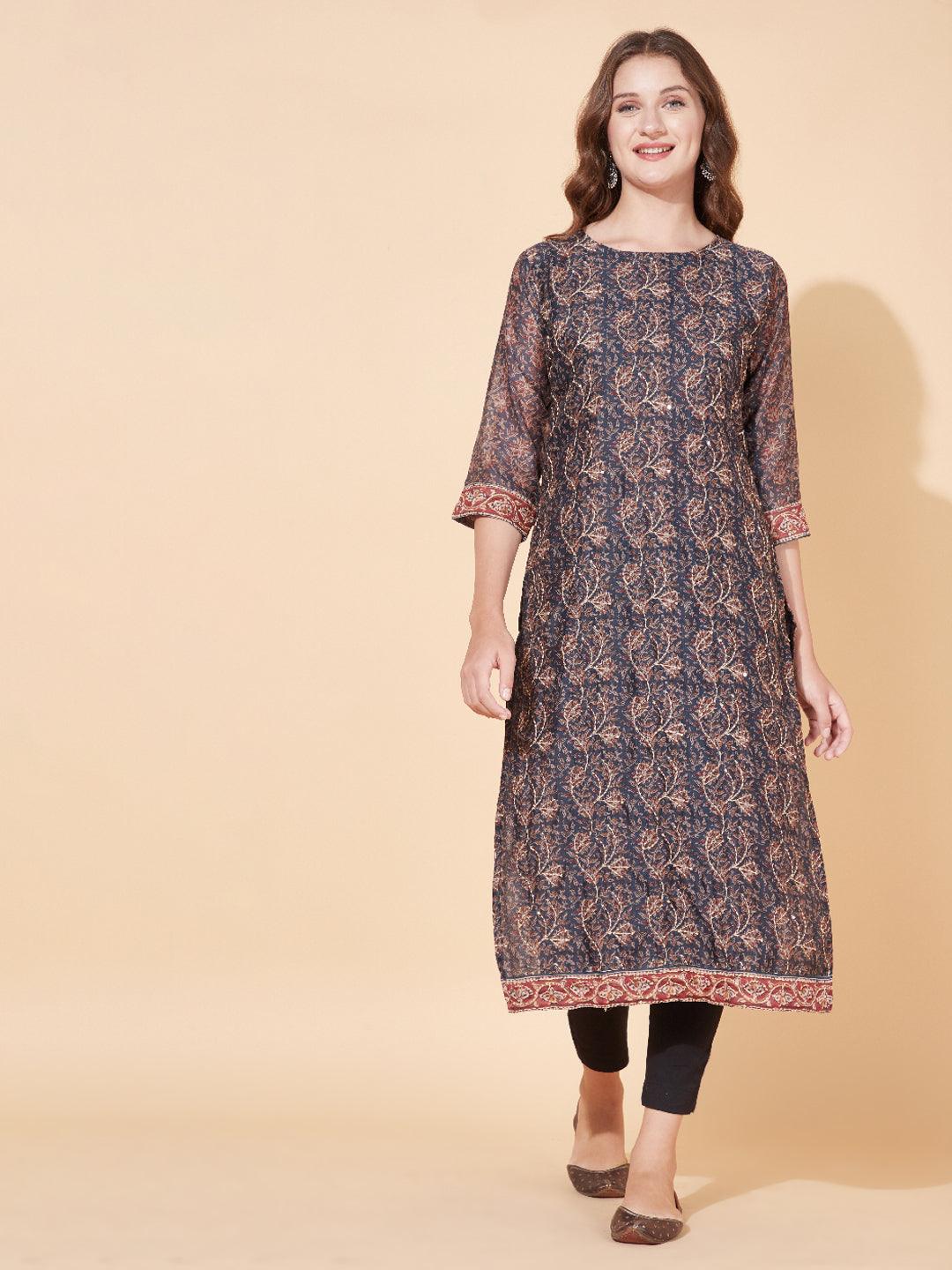 Floral Printed & Hand Embroidered Straight Kurta with Dupatta - Stone Gray - Indiakreations