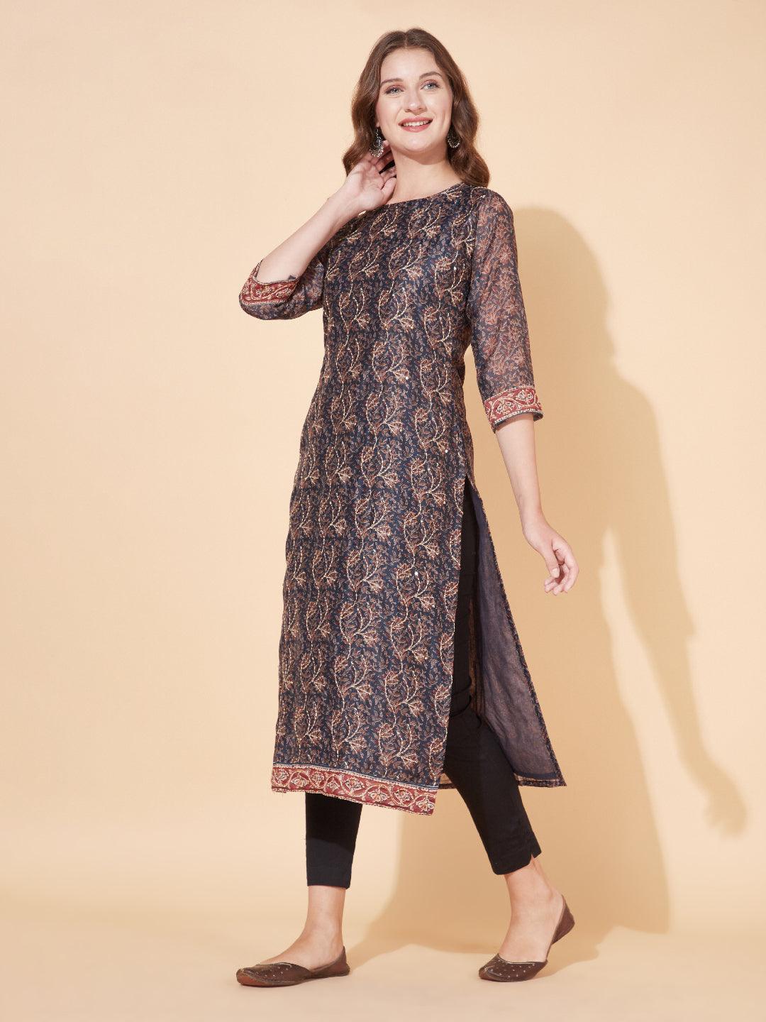 Floral Printed & Hand Embroidered Straight Kurta with Dupatta - Stone Gray - Indiakreations