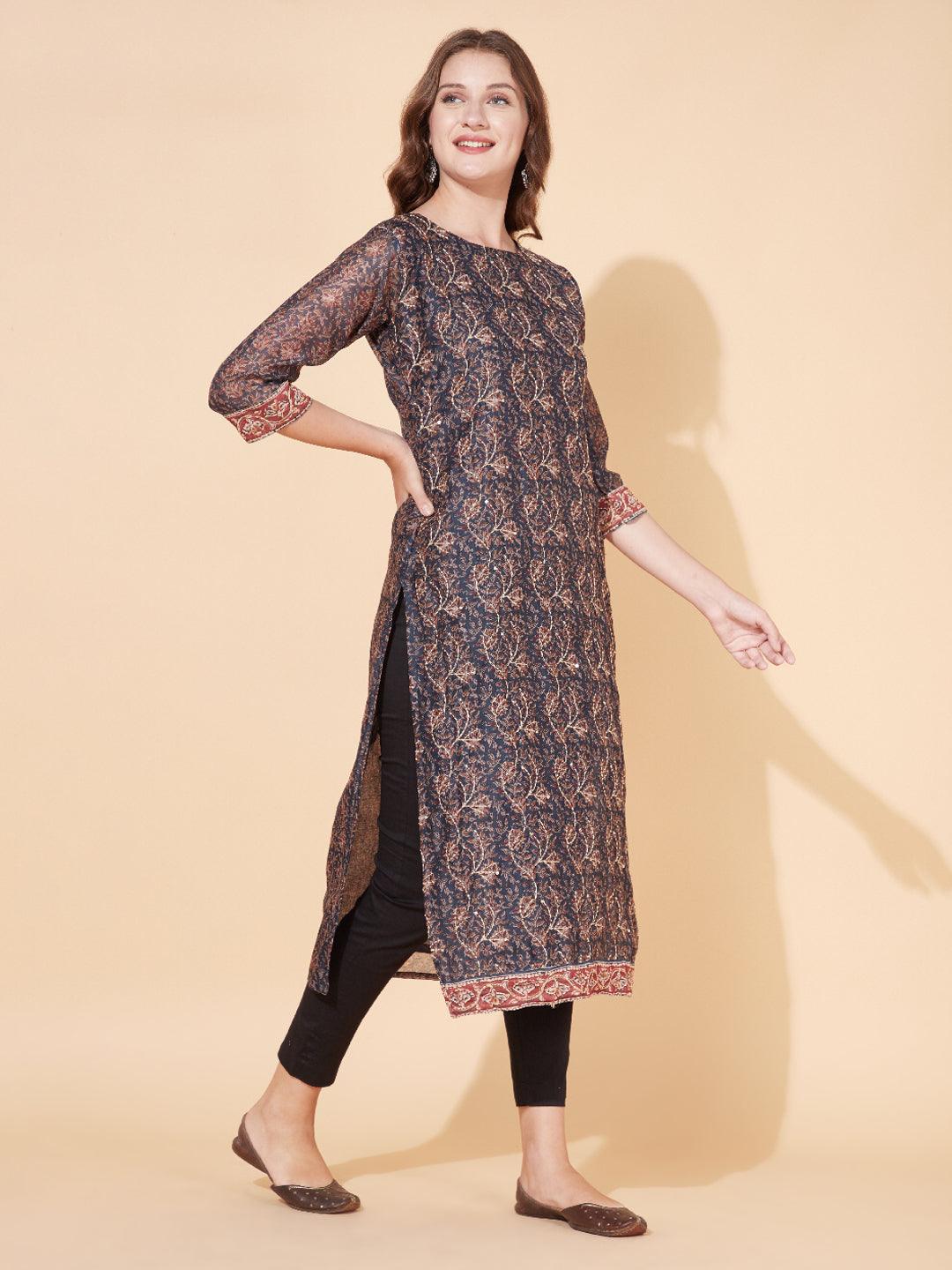 Floral Printed & Hand Embroidered Straight Kurta with Dupatta - Stone Gray - Indiakreations