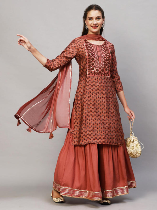 Ethnic Printed & Embroidered Kurta with Sharara & Dupatta - Old Rose Pink - Indiakreations