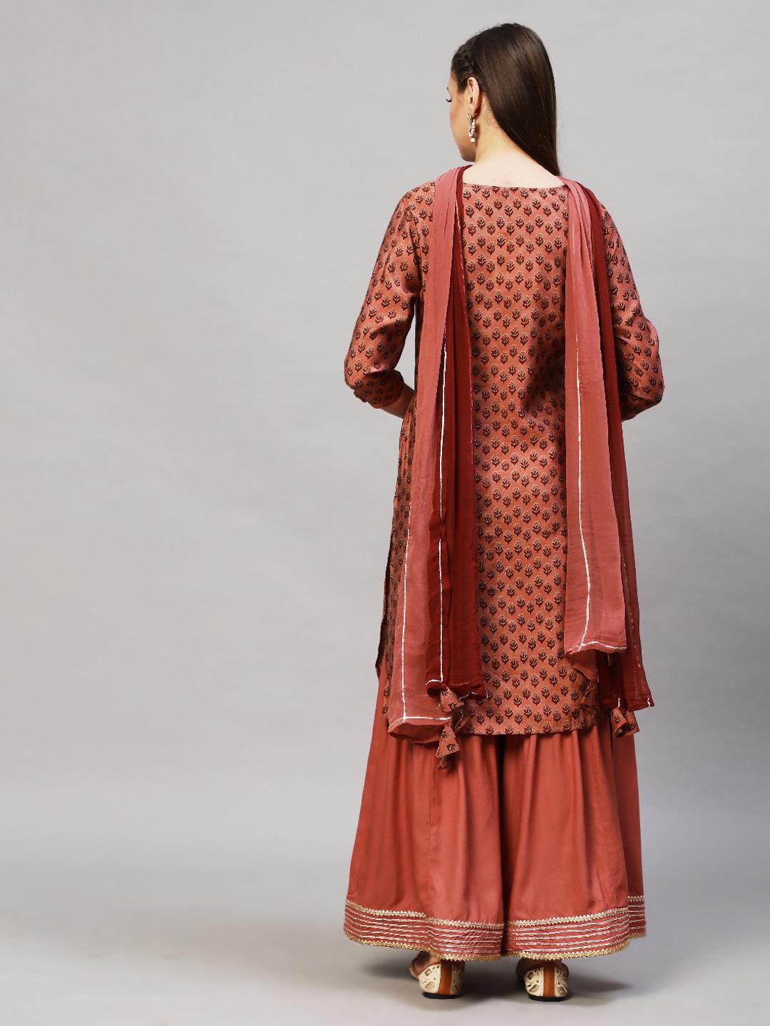 Ethnic Printed & Embroidered Kurta with Sharara & Dupatta - Old Rose Pink - Indiakreations