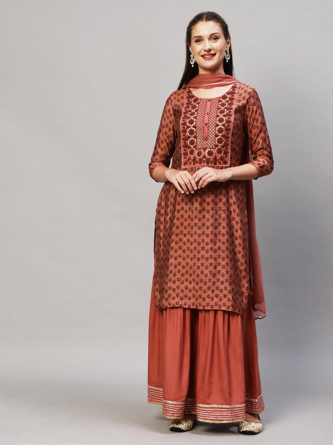 Ethnic Printed & Embroidered Kurta with Sharara & Dupatta - Old Rose Pink - Indiakreations