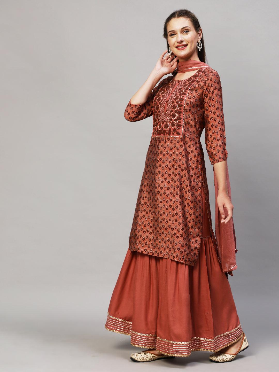 Ethnic Printed & Embroidered Kurta with Sharara & Dupatta - Old Rose Pink - Indiakreations