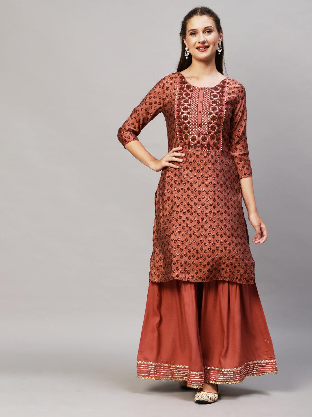 Ethnic Printed & Embroidered Kurta with Sharara & Dupatta - Old Rose Pink - Indiakreations