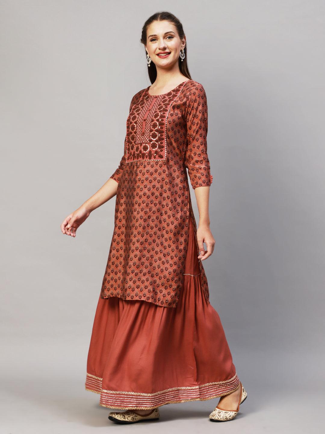 Ethnic Printed & Embroidered Kurta with Sharara & Dupatta - Old Rose Pink - Indiakreations