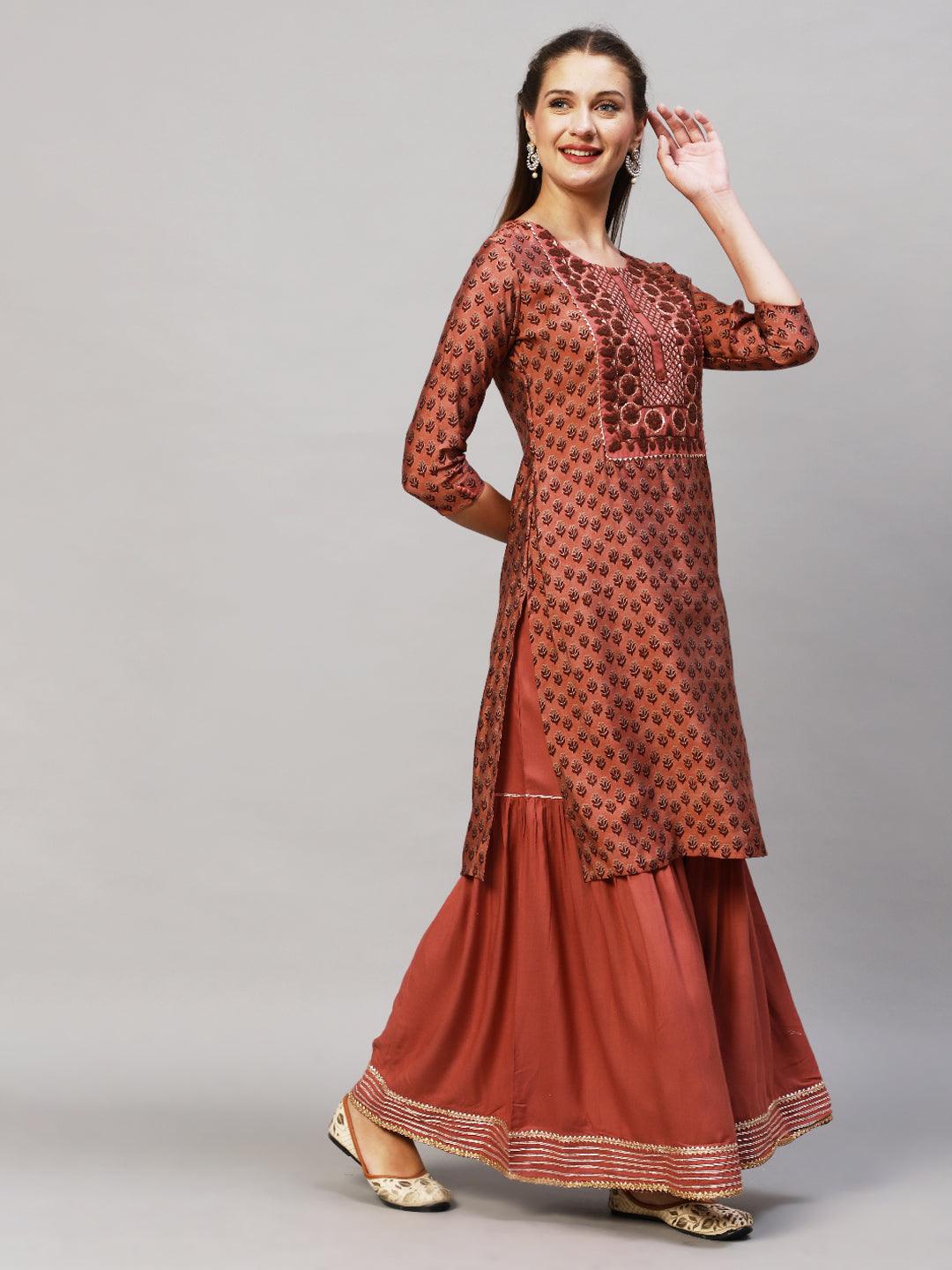 Ethnic Printed & Embroidered Kurta with Sharara & Dupatta - Old Rose Pink - Indiakreations