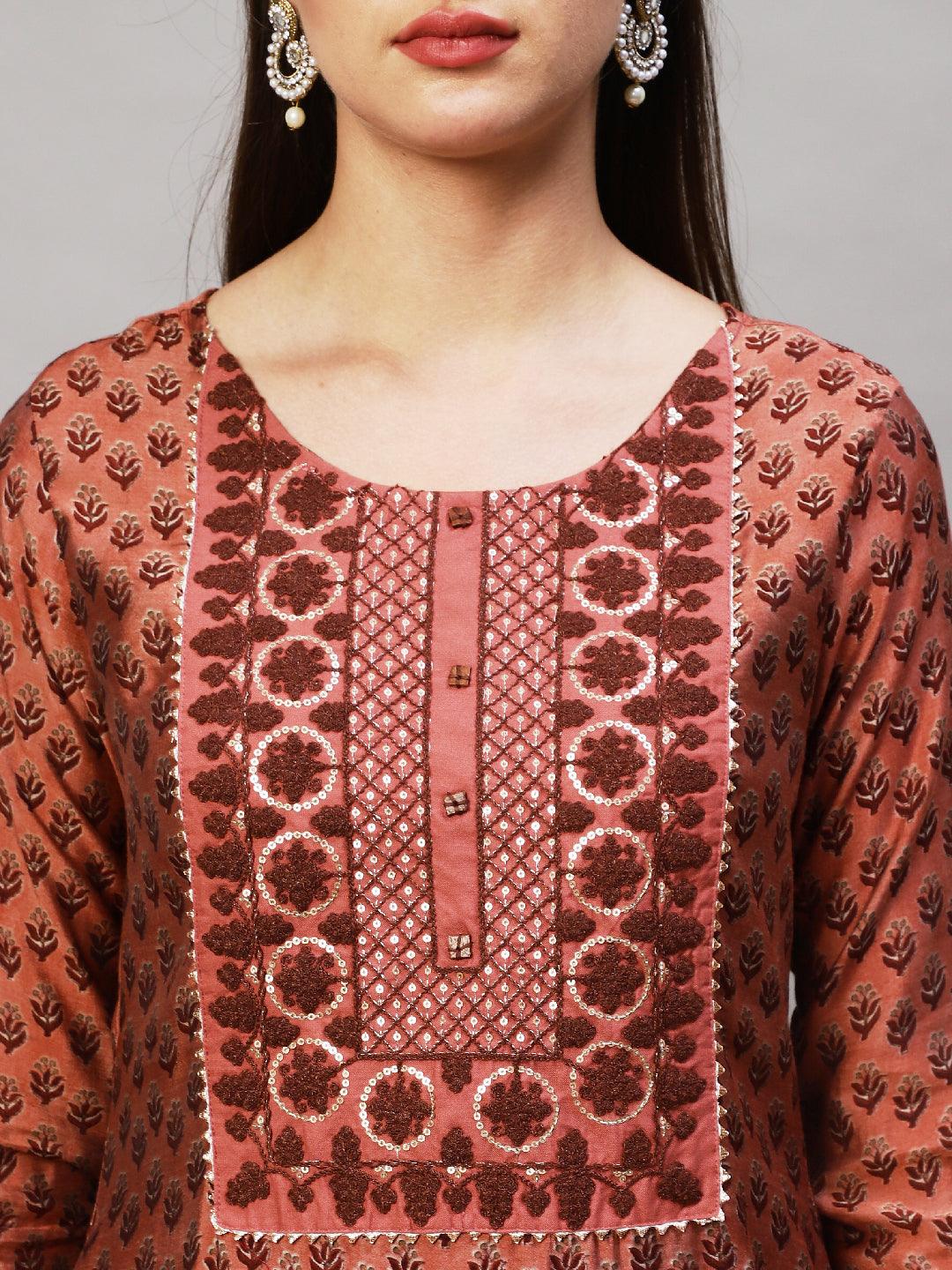 Ethnic Printed & Embroidered Kurta with Sharara & Dupatta - Old Rose Pink - Indiakreations