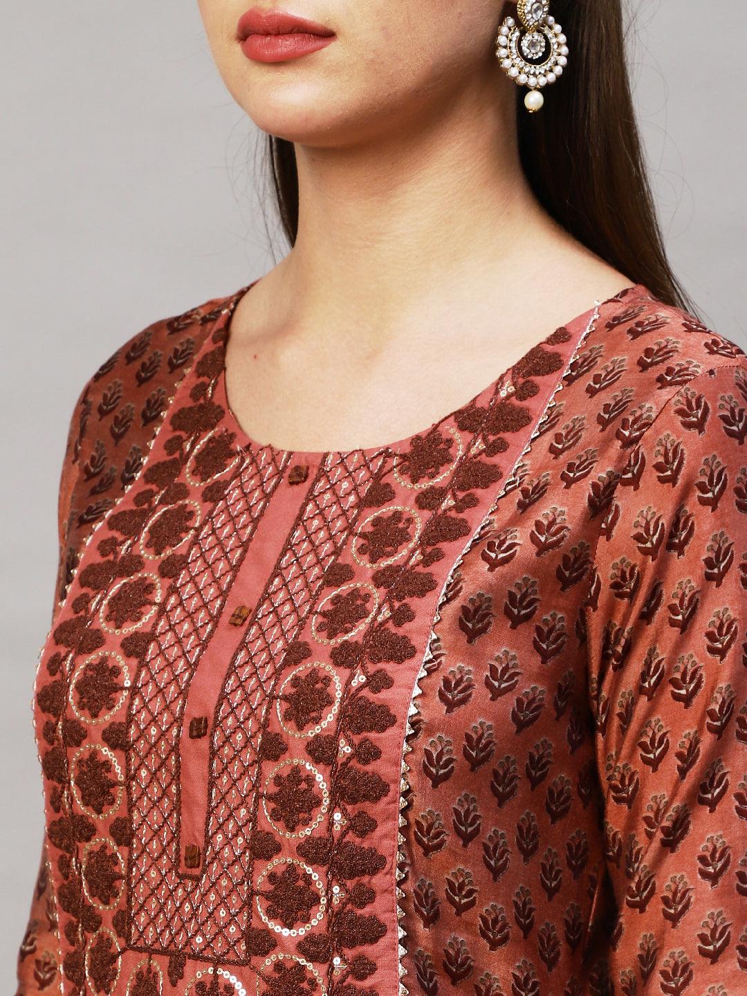 Ethnic Printed & Embroidered Kurta with Sharara & Dupatta - Old Rose Pink - Indiakreations