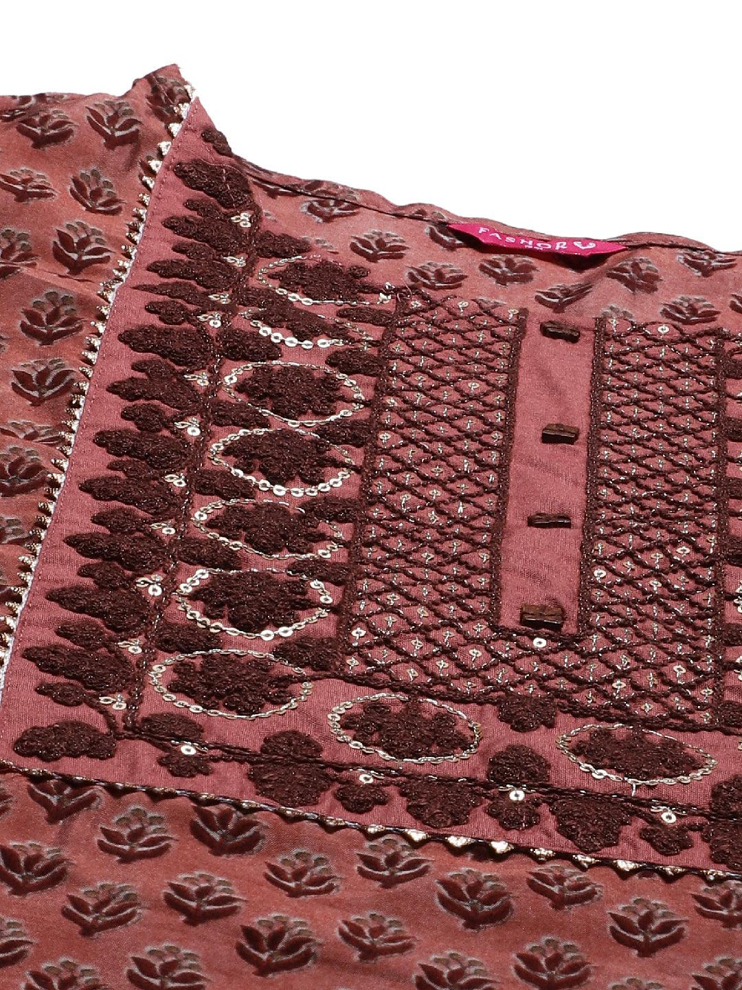 Ethnic Printed & Embroidered Kurta with Sharara & Dupatta - Old Rose Pink - Indiakreations