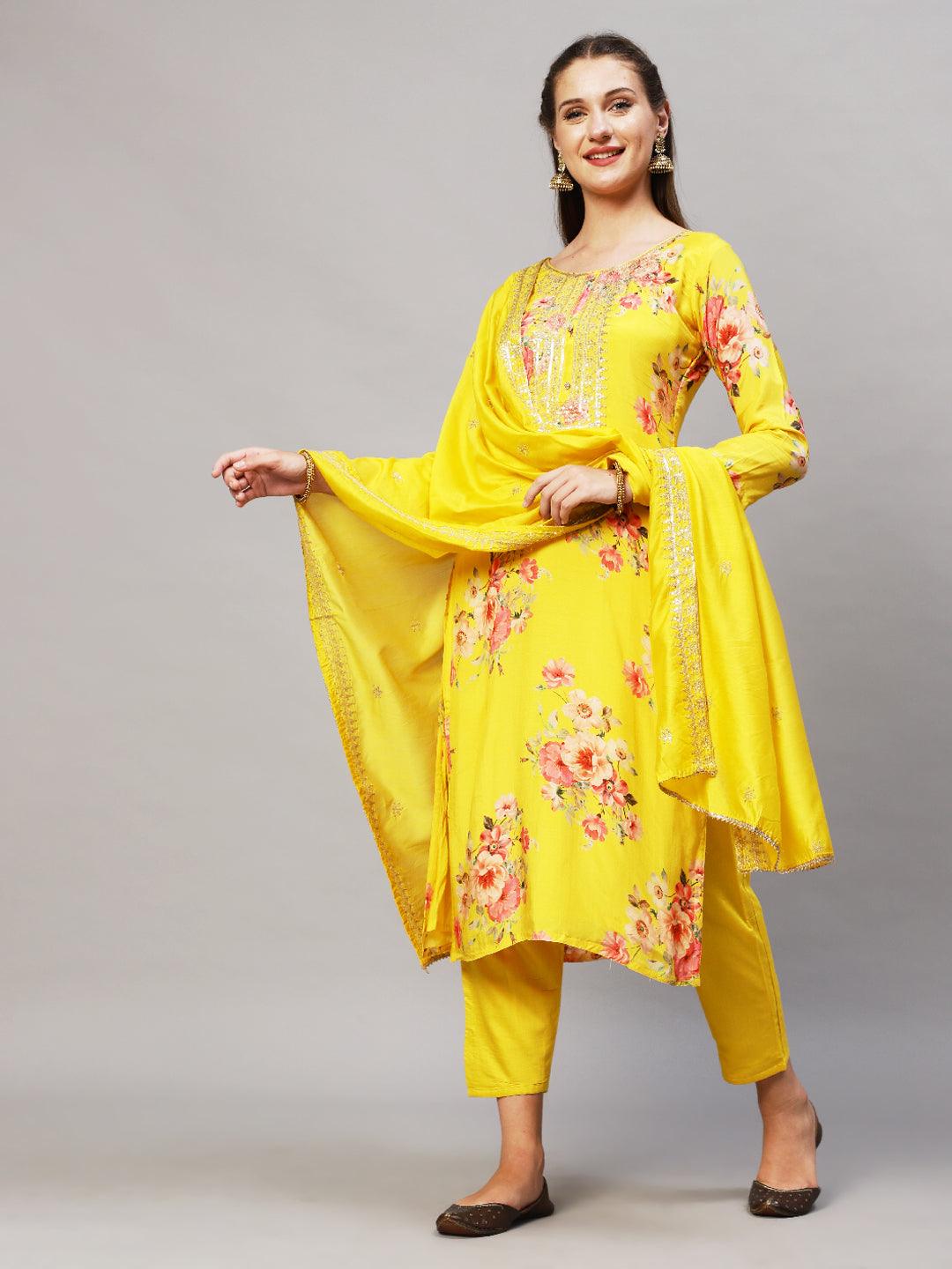 Floral Printed & Embroidered Kurta with Pants & Dupatta - Yellow - Indiakreations