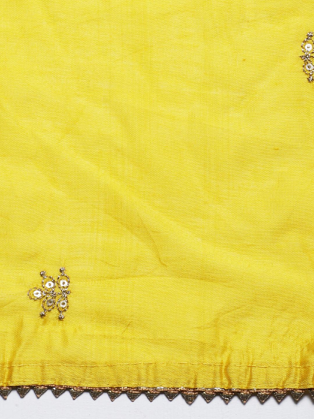 Floral Printed & Embroidered Kurta with Pants & Dupatta - Yellow - Indiakreations