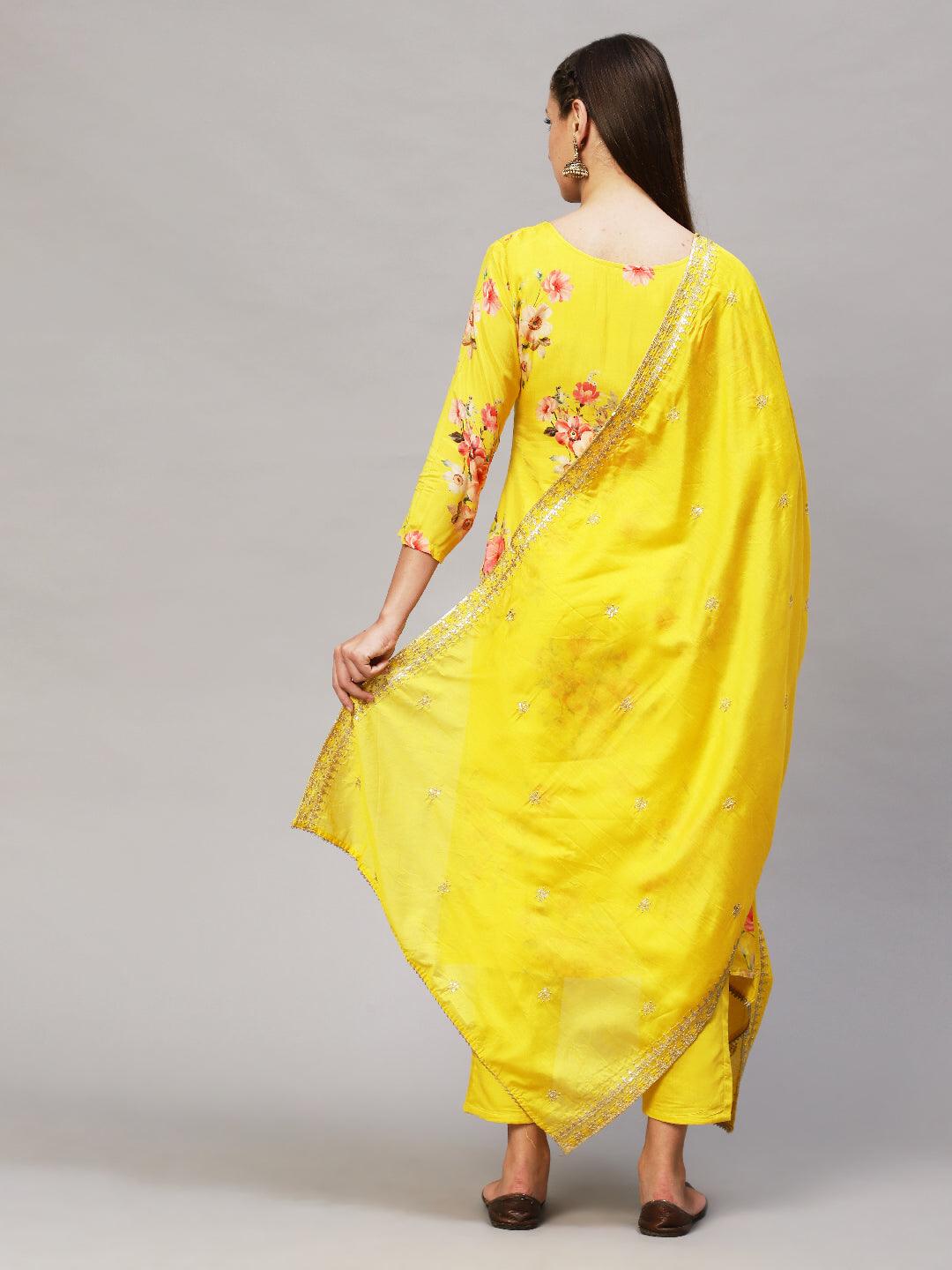 Floral Printed & Embroidered Kurta with Pants & Dupatta - Yellow - Indiakreations