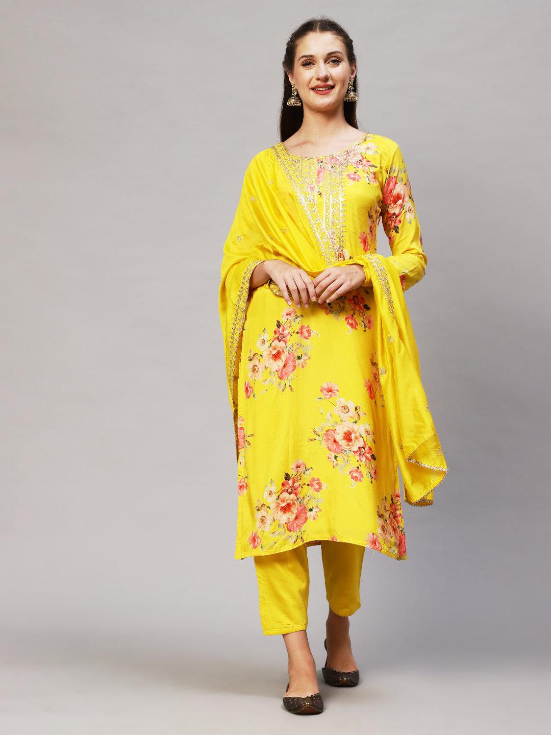 Floral Printed & Embroidered Kurta with Pants & Dupatta - Yellow - Indiakreations