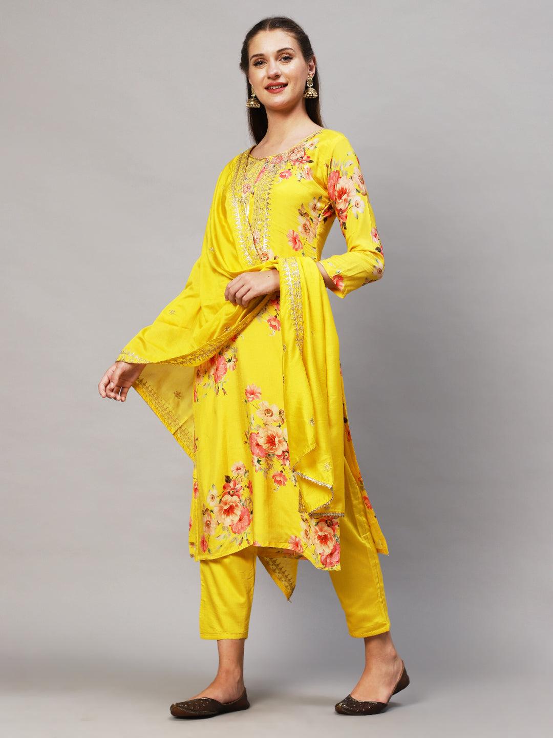 Floral Printed & Embroidered Kurta with Pants & Dupatta - Yellow - Indiakreations