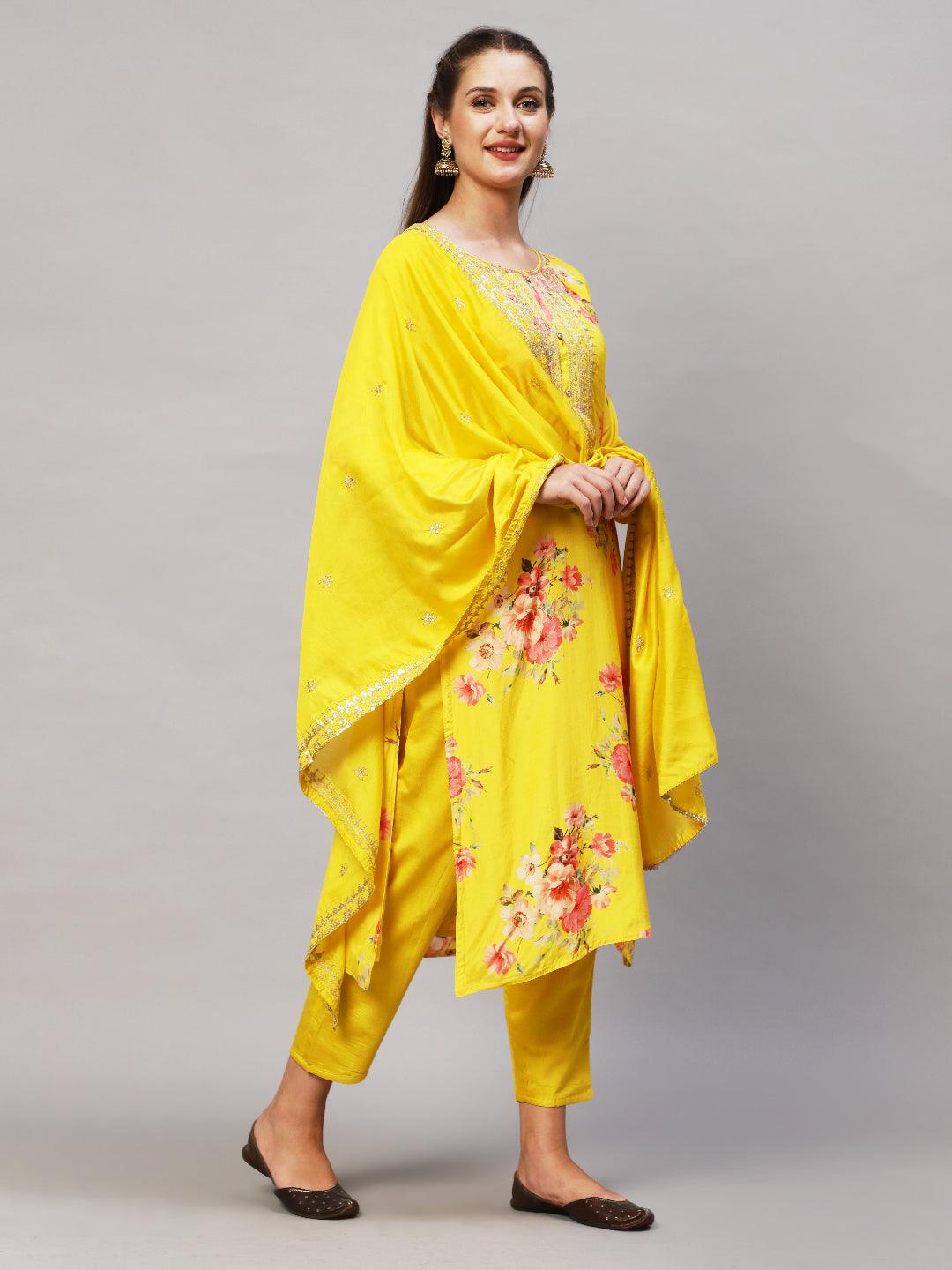 Floral Printed & Embroidered Kurta with Pants & Dupatta - Yellow - Indiakreations