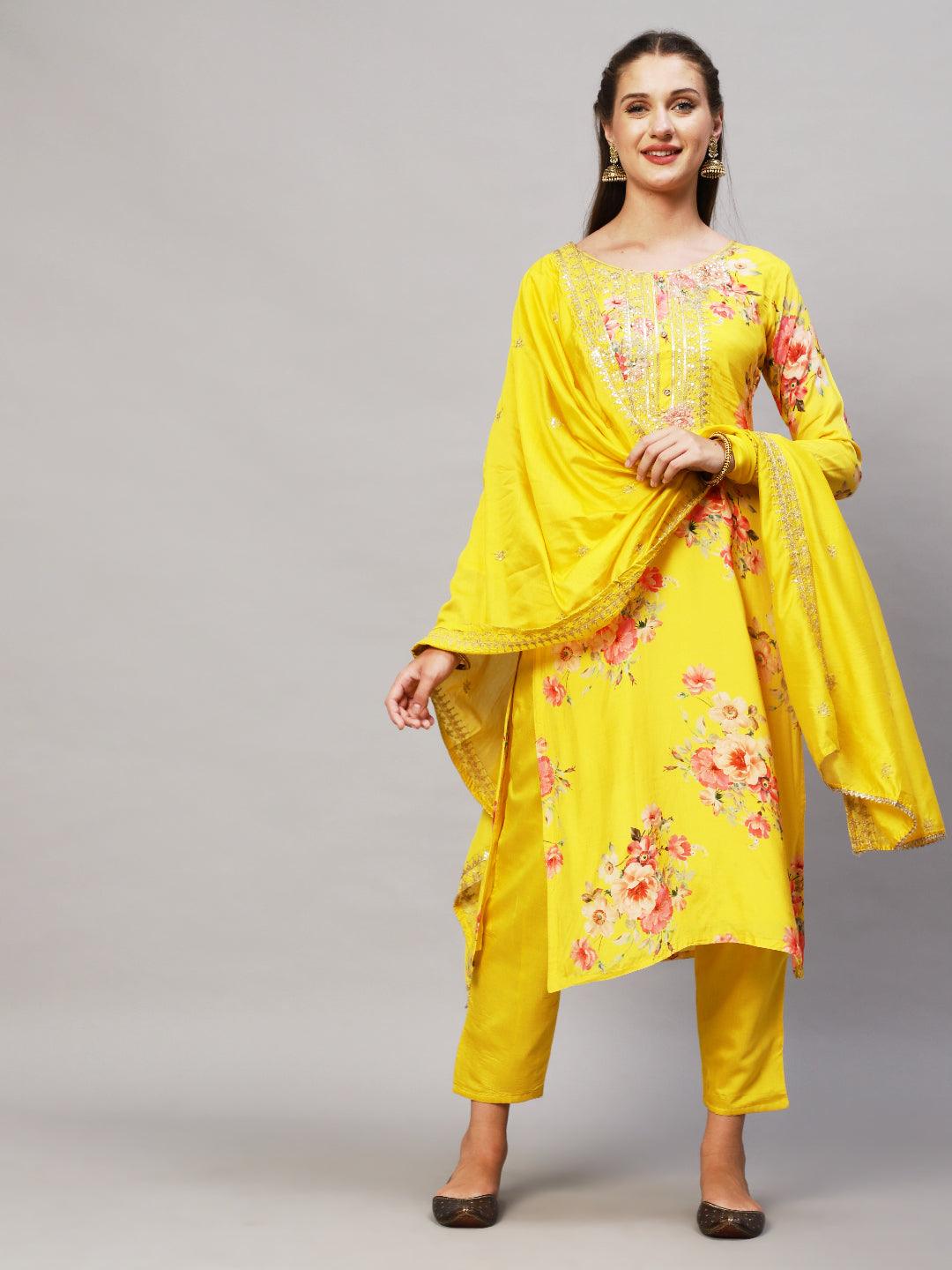 Floral Printed & Embroidered Kurta with Pants & Dupatta - Yellow - Indiakreations