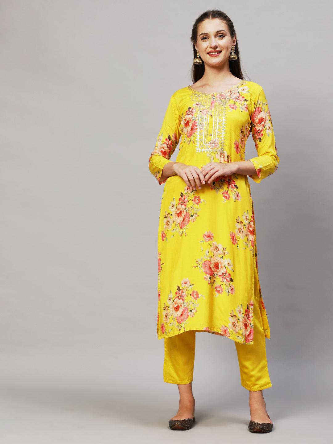 Floral Printed & Embroidered Kurta with Pants & Dupatta - Yellow - Indiakreations