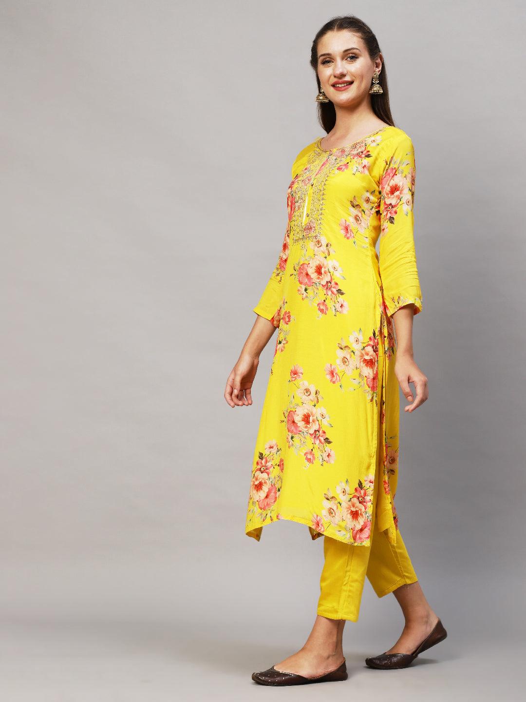 Floral Printed & Embroidered Kurta with Pants & Dupatta - Yellow - Indiakreations