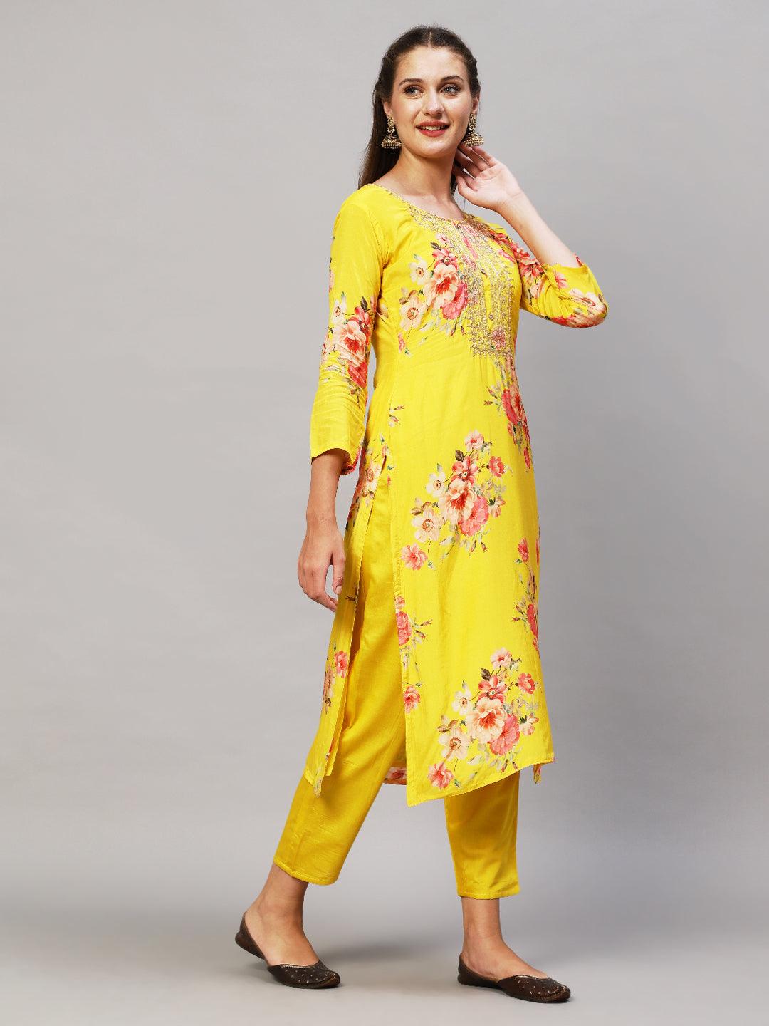 Floral Printed & Embroidered Kurta with Pants & Dupatta - Yellow - Indiakreations