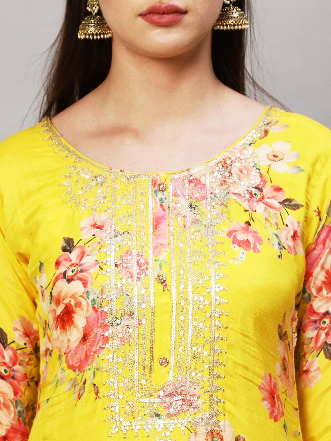 Floral Printed & Embroidered Kurta with Pants & Dupatta - Yellow - Indiakreations