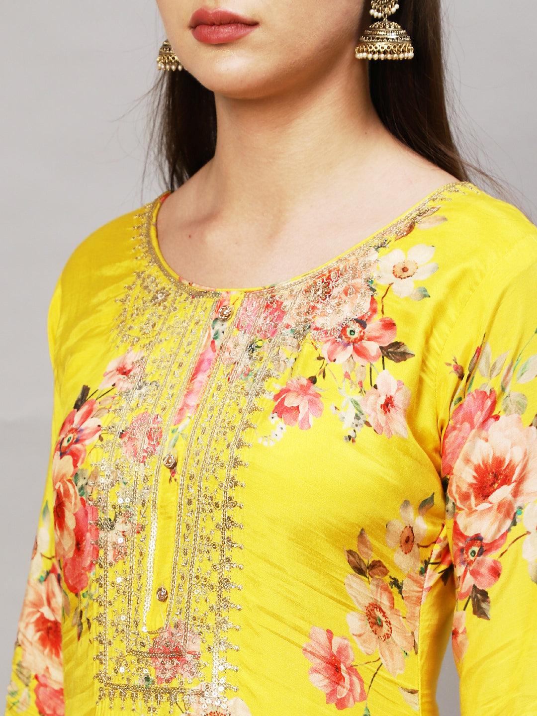 Floral Printed & Embroidered Kurta with Pants & Dupatta - Yellow - Indiakreations