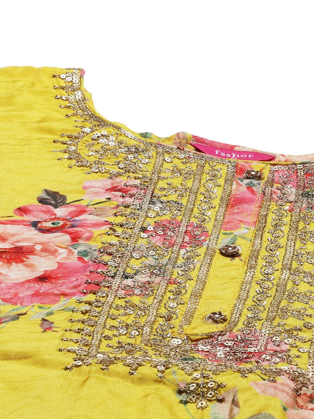 Floral Printed & Embroidered Kurta with Pants & Dupatta - Yellow - Indiakreations