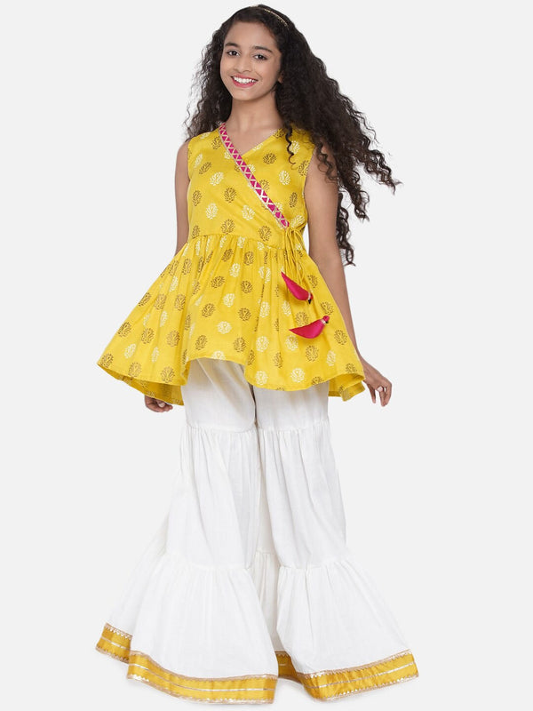 Girl's Mustard Yellow Floral Printed Angrakha Kurti with Sharara - NOZ2TOZ KIDS