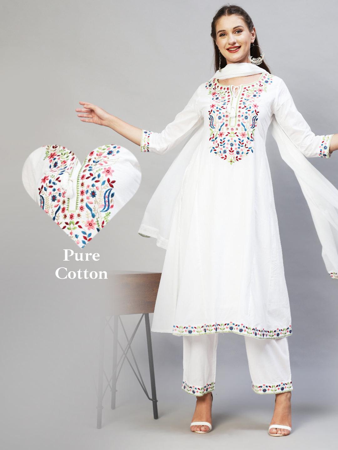 Ethnic Embroidered A-Line Kurta with Palazzo & Dupatta - White - Indiakreations