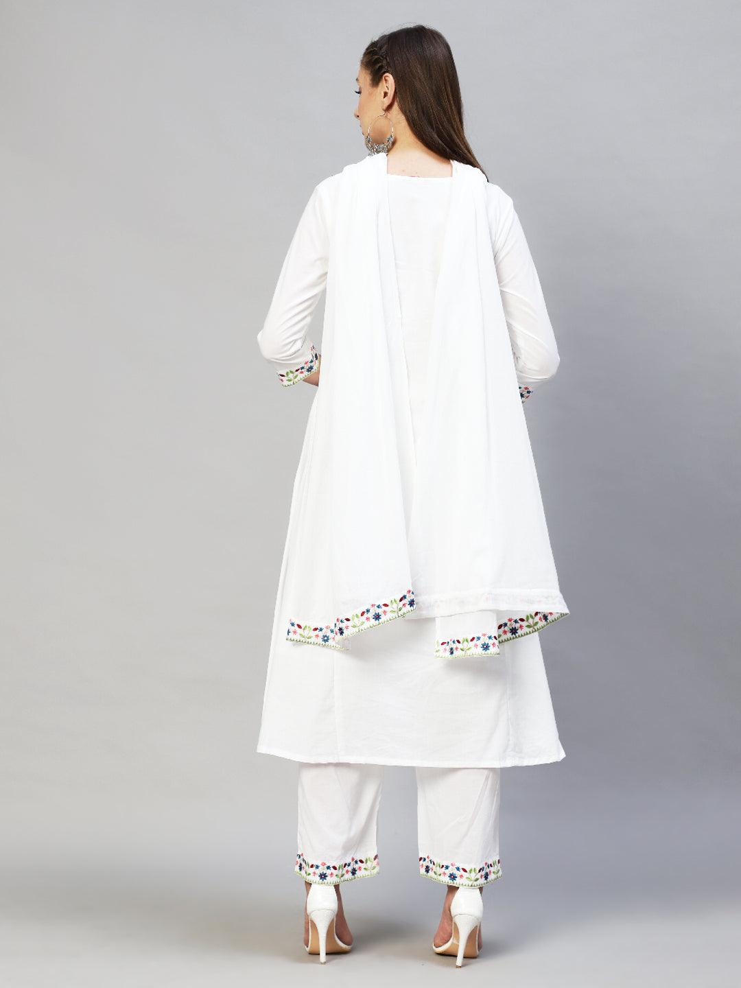 Ethnic Embroidered A-Line Kurta with Palazzo & Dupatta - White - Indiakreations