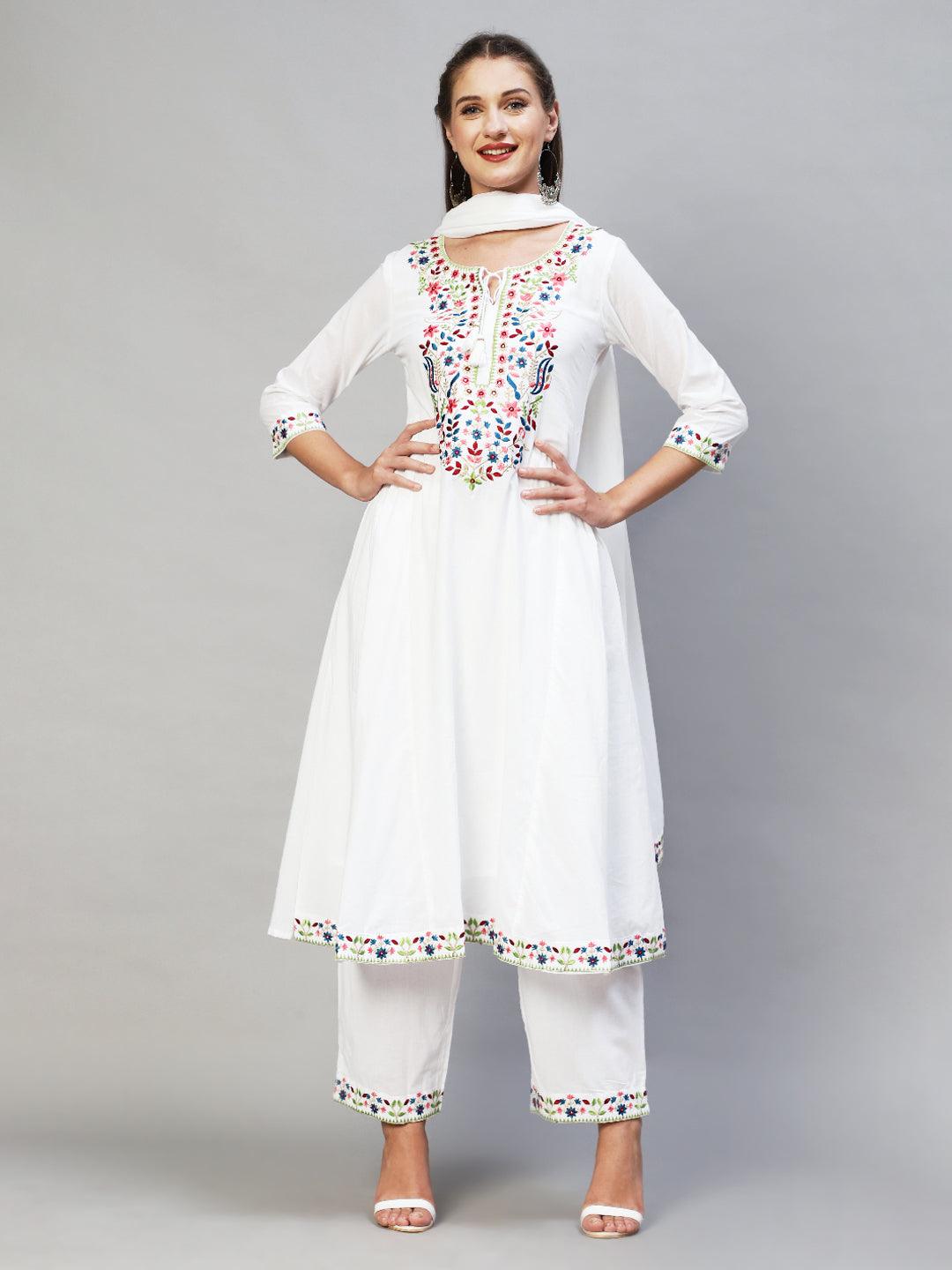 Ethnic Embroidered A-Line Kurta with Palazzo & Dupatta - White - Indiakreations