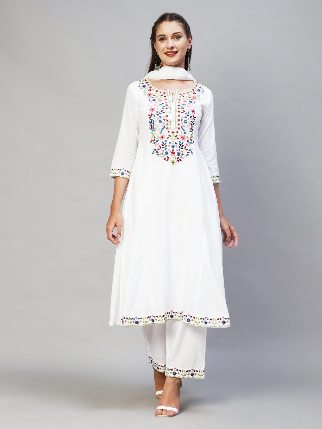 Ethnic Embroidered A-Line Kurta with Palazzo & Dupatta - White - Indiakreations