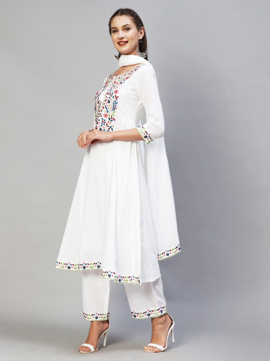 Ethnic Embroidered A-Line Kurta with Palazzo & Dupatta - White - Indiakreations