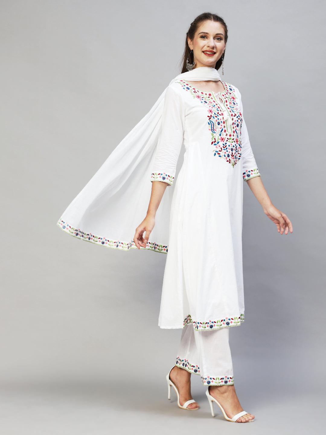 Ethnic Embroidered A-Line Kurta with Palazzo & Dupatta - White - Indiakreations