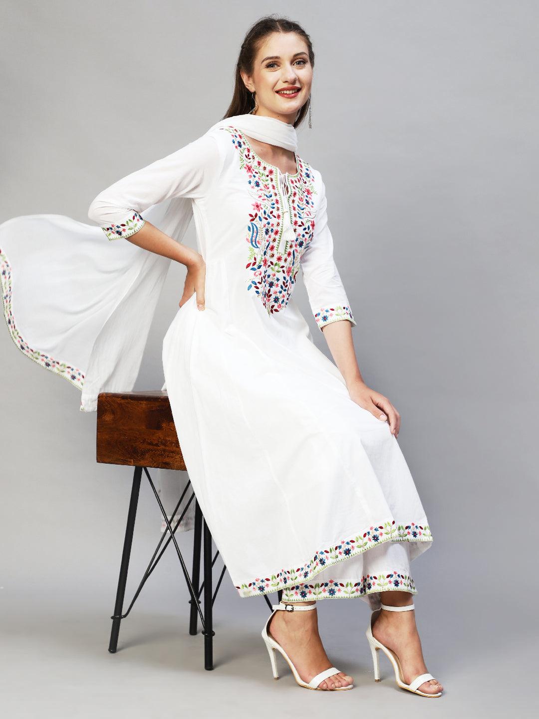 Ethnic Embroidered A-Line Kurta with Palazzo & Dupatta - White - Indiakreations